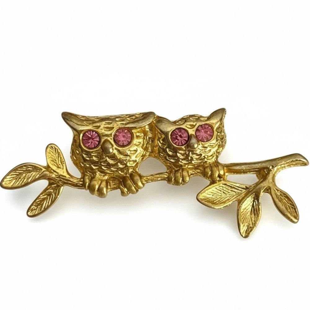 Vintage Twin Owls on Branch Brooch  Unsigned Owl Pin Cottagecore 1960s‎